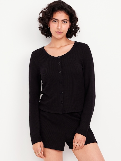 Button-Down Waffle-Knit Sleep Top - Black Jack