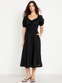 Fit & Flare Puff-Sleeve Midi Dress
