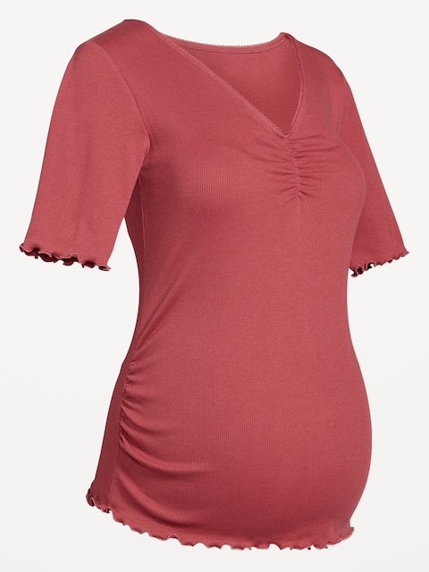 Maternity V-Neck Elbow-Sleeve Top - Umber Earth