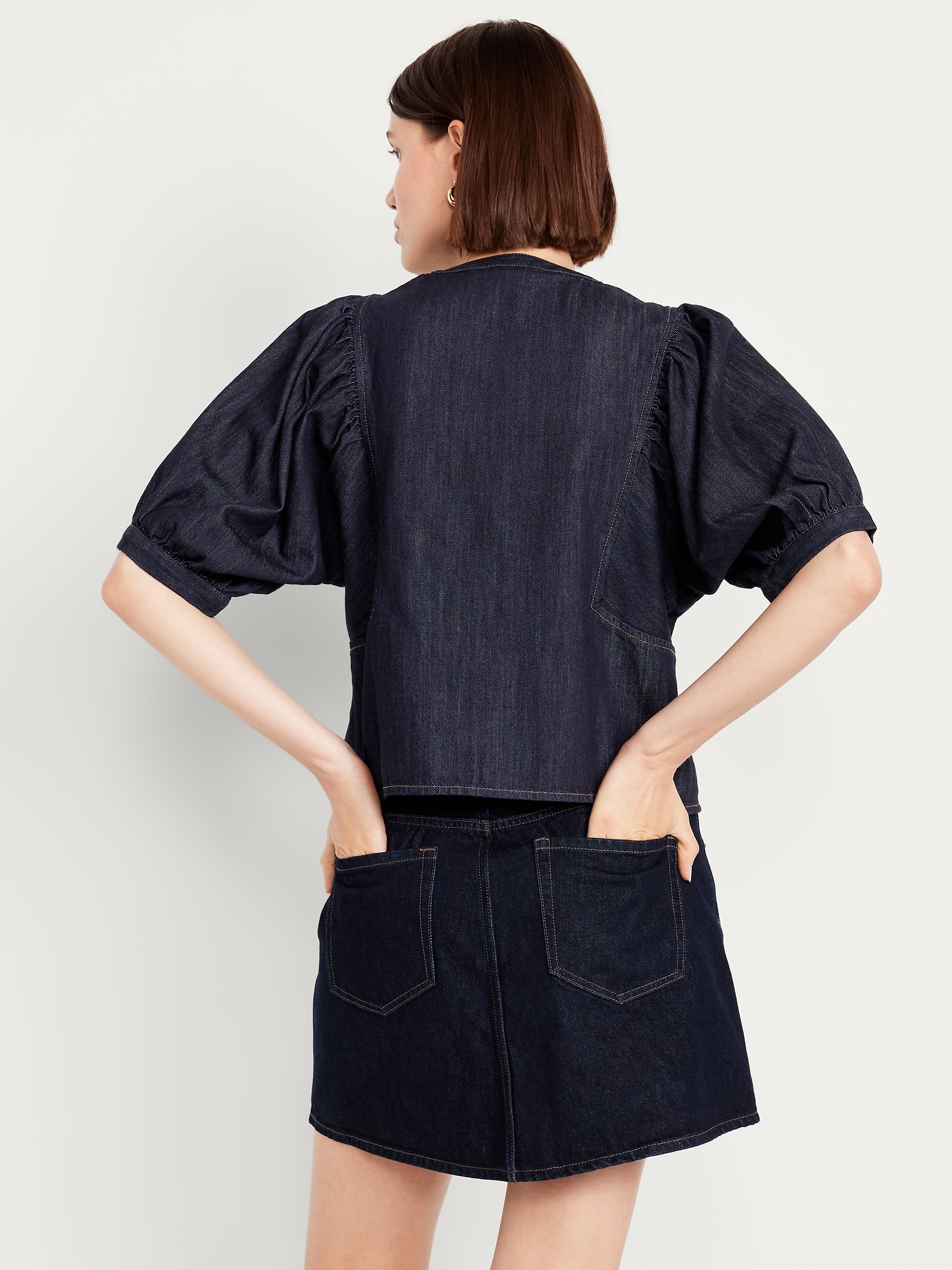Puff-Sleeve Button-Down Cropped Denim Shirt