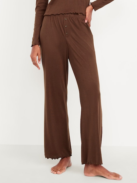 High-Waisted Cozy Rib Pajama Pants - Tannin Brown