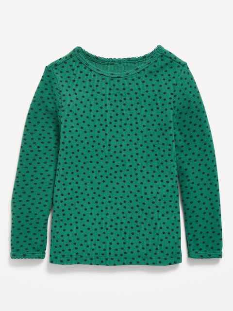 Printed Long-Sleeve Cozy Waffle T-Shirt for Toddler Girls - Green Dots