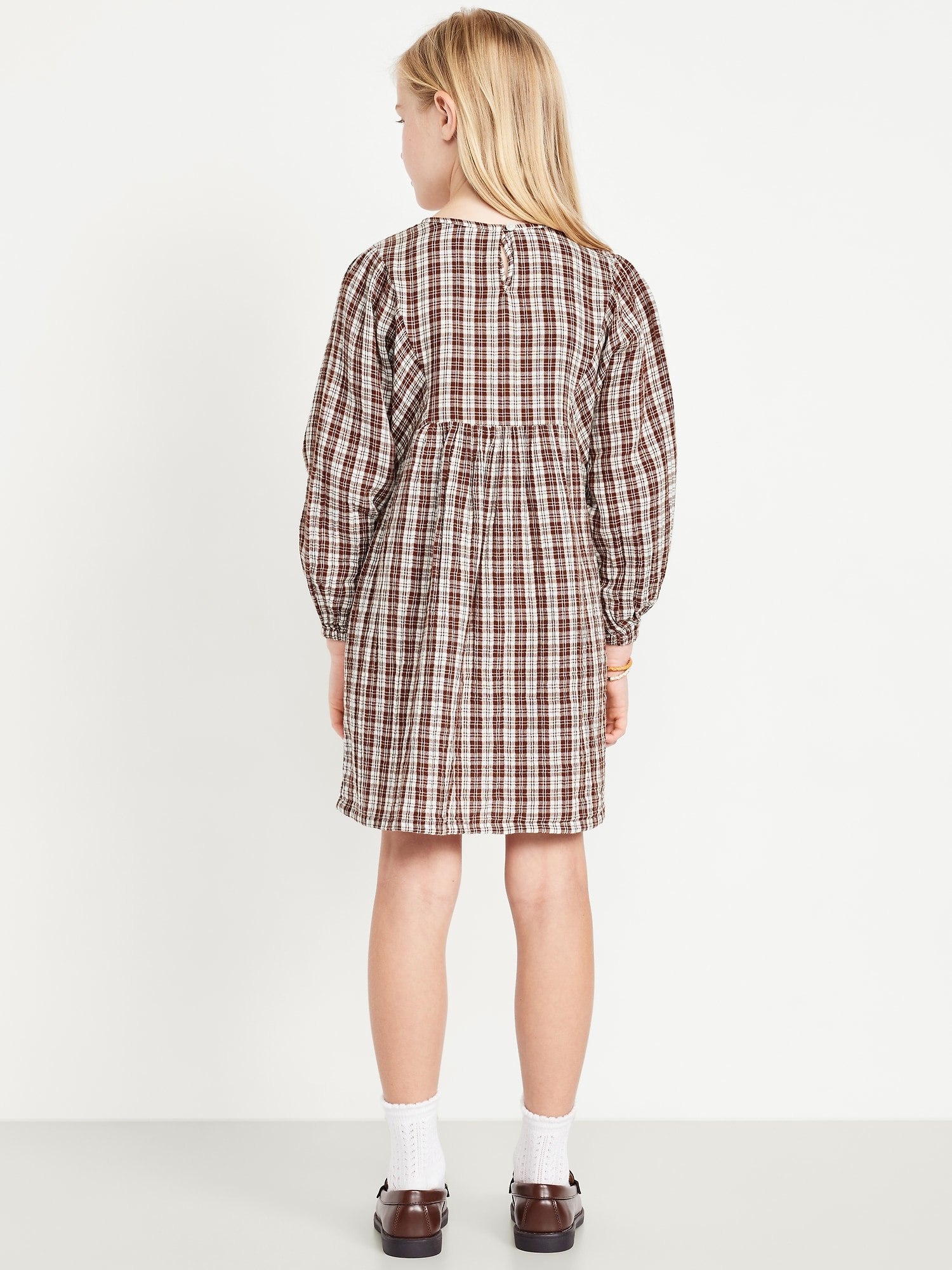 Long-Sleeve Double-Weave Embroidered Swing Dress for Girls