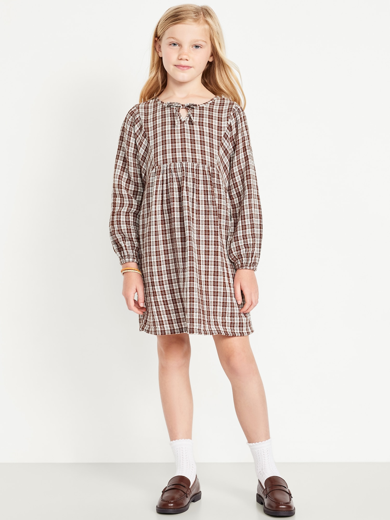 Long-Sleeve Double-Weave Embroidered Swing Dress for Girls