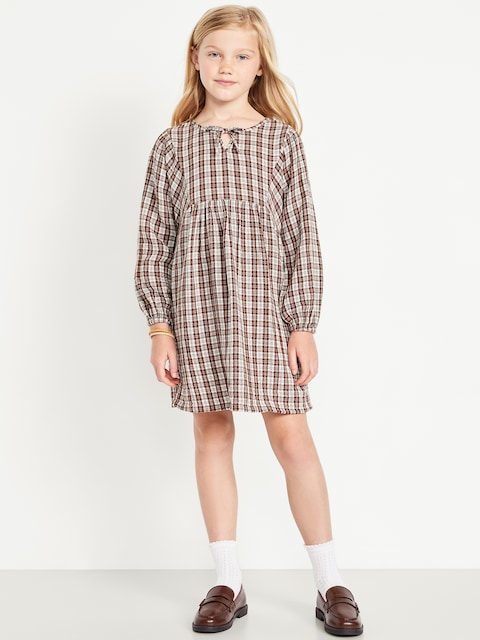 Long-Sleeve Tie-Front Double-Weave Swing Dress for Girls - Neutral Plaid