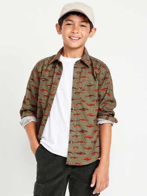Printed Long-Sleeve Flannel Pocket Shirt for Boys - Green Fish
