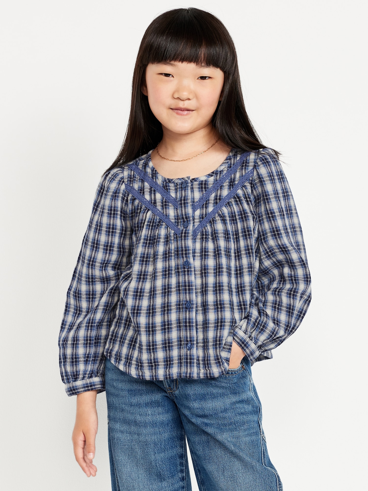 Long-Sleeve Plaid Lace Trim Button-Front Top for Girls
