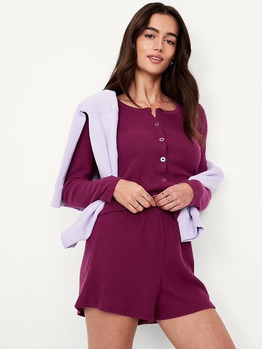 Image number 3 showing, High-Waisted Cozy Waffle Pajama Shorts