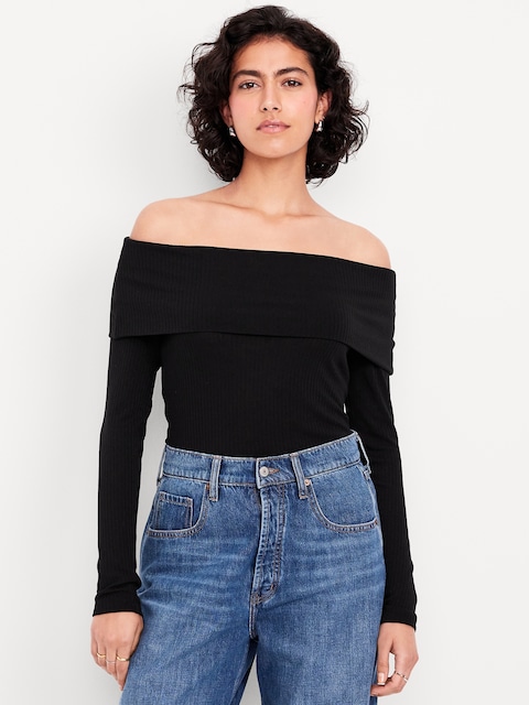 Off-Shoulder Long-Sleeve Ribbed Top
