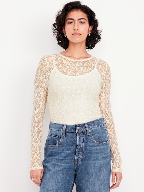 Long-Sleeve Lace Crew-Neck Top - Creme De La Creme