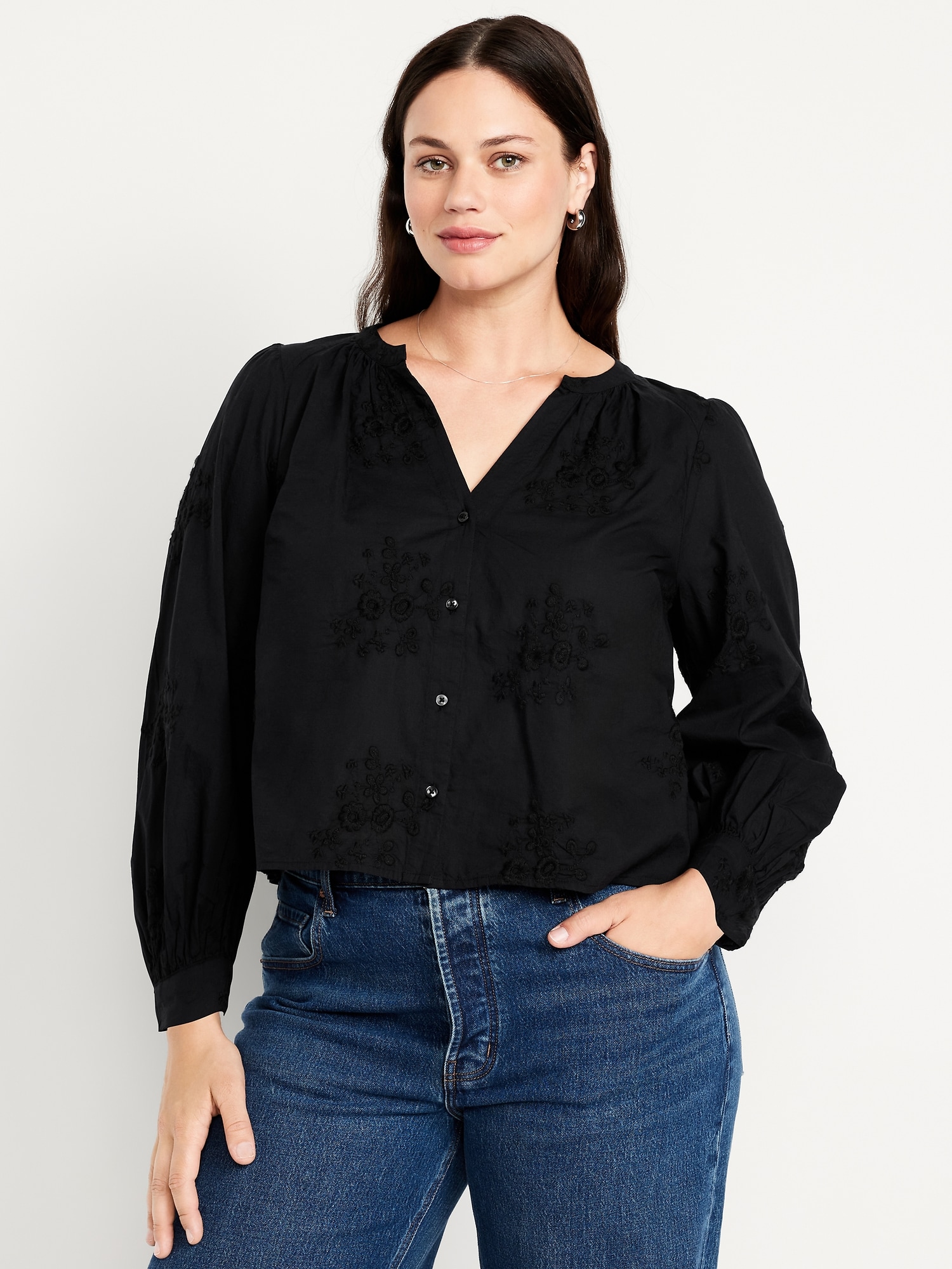 Button-Down Embroidered Top