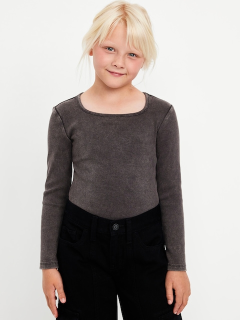 Long-Sleeve Fitted Ribbed Top for Girls - Light Black Heather