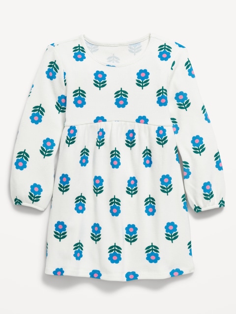 Long-Sleeve Waffle-Knit Dress for Toddler Girls - Cream Floral
