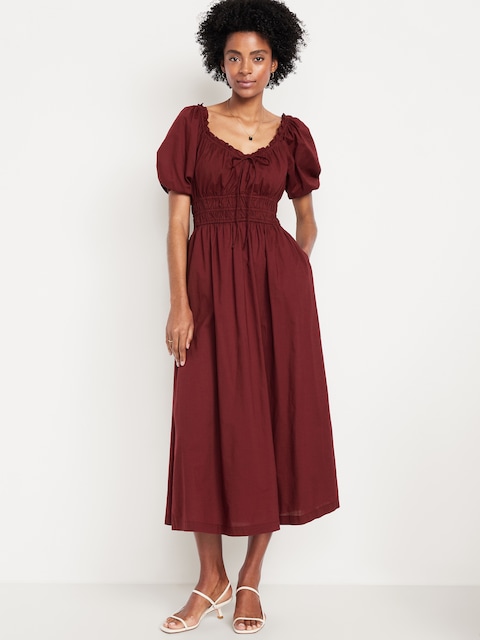 Fit & Flare Puff-Sleeve Midi Dress - Clove