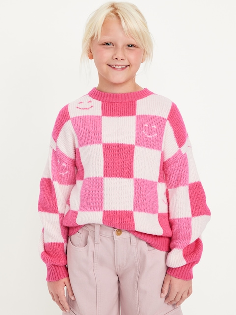 Oversized Crew-Neck Sweater for Girls - Pink Premier