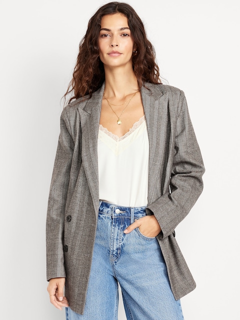 Oversized Double-Breasted Blazer - Gray Herringbone