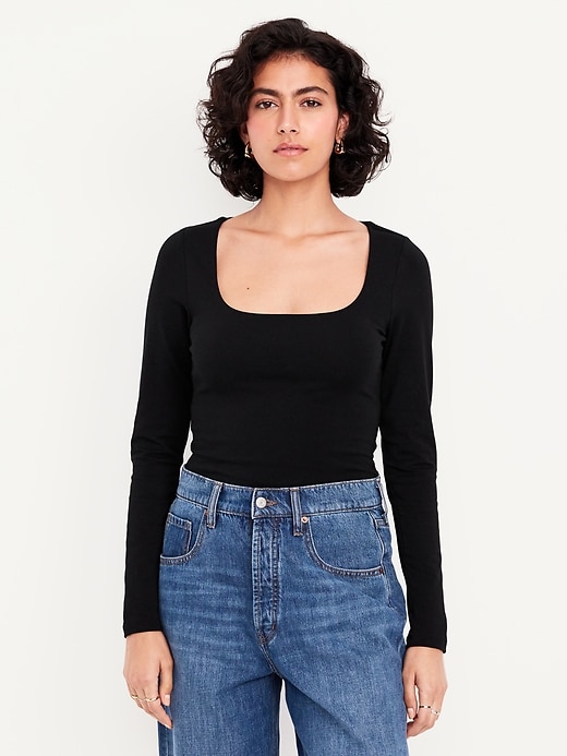 Image number 1 showing, Fitted Double-Layer Scoop-Neck Top