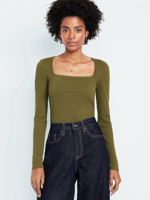 Long-Sleeve Square-Neck Top - Avocado Oil