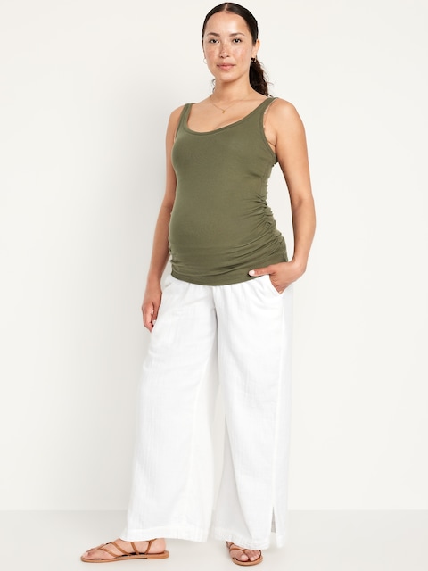 Maternity Rollover Waist Crinkle Gauze Wide-Leg Pants - White Lilies