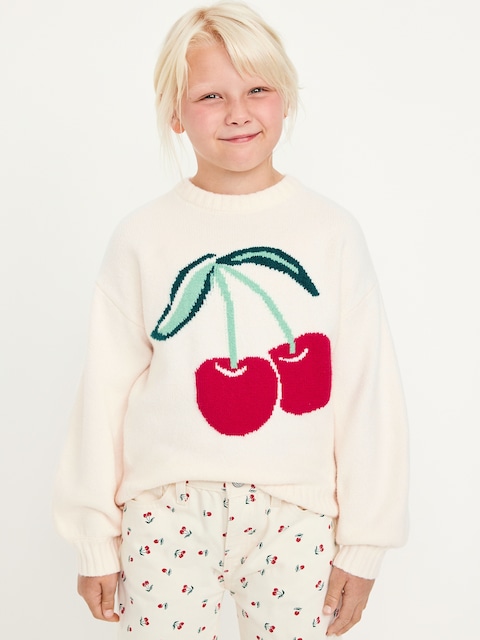 Oversized Crew-Neck Sweater for Girls - Cherry