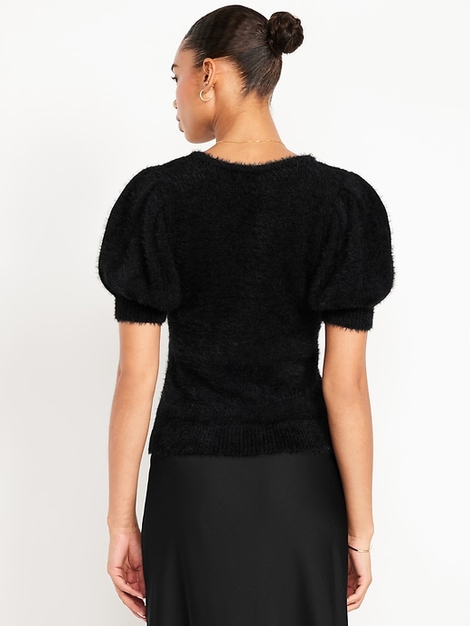 Image number 2 showing, Cropped Puff-Sleeve Eyelash Sweater