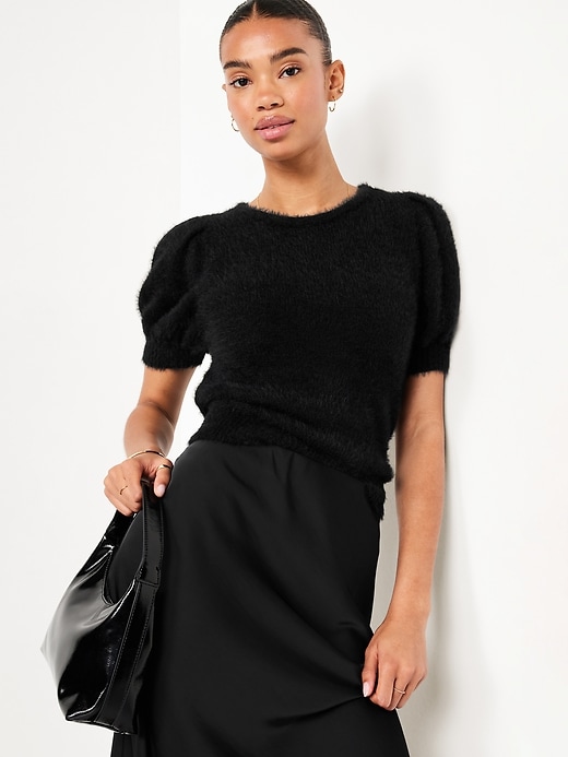 Image number 3 showing, Cropped Puff-Sleeve Eyelash Sweater