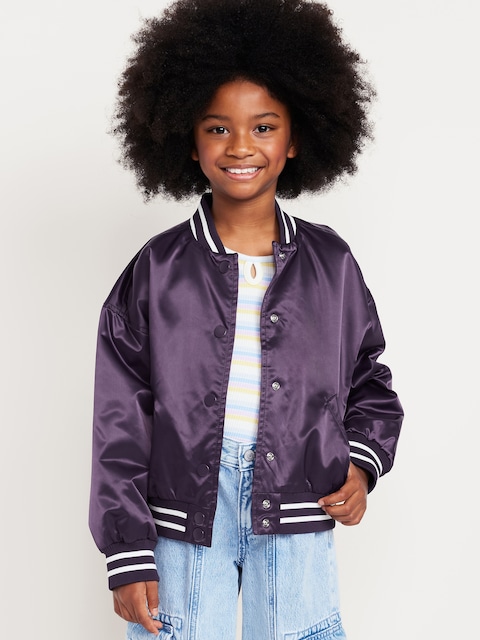 Loose Button-Front Satin Bomber Jacket for Girls - Purple Maxine