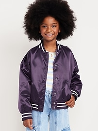 Image number 1 showing, Loose Button-Front Satin Bomber Jacket for Girls
