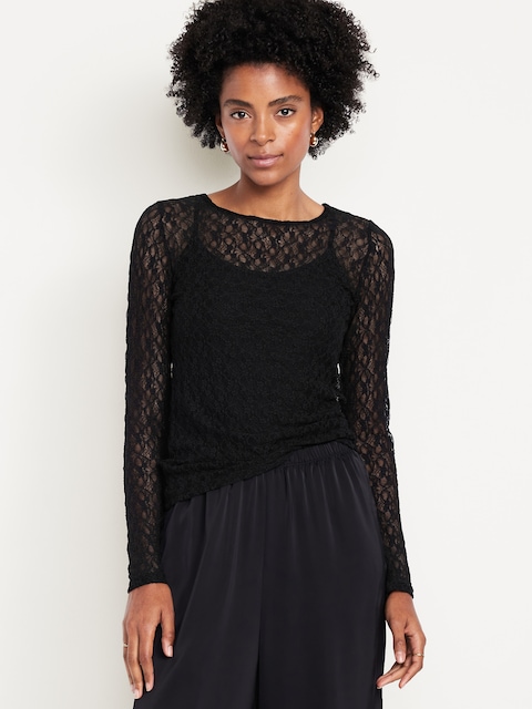 Long-Sleeve Lace Crew-Neck Top - Black Jack