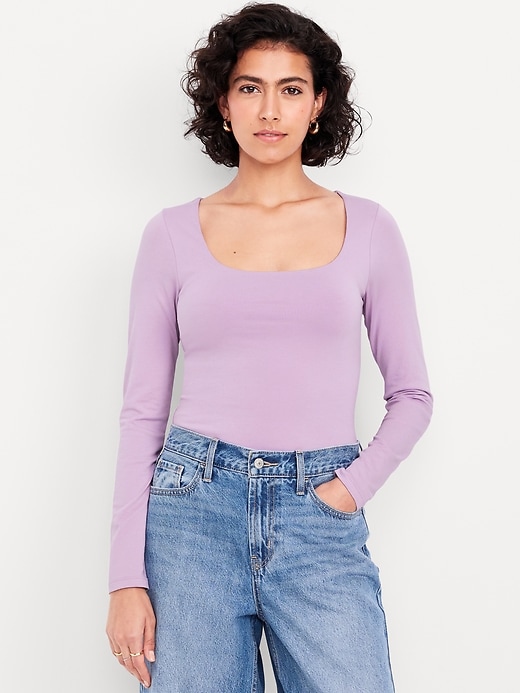 Image number 1 showing, Fitted Double-Layer Scoop-Neck Top