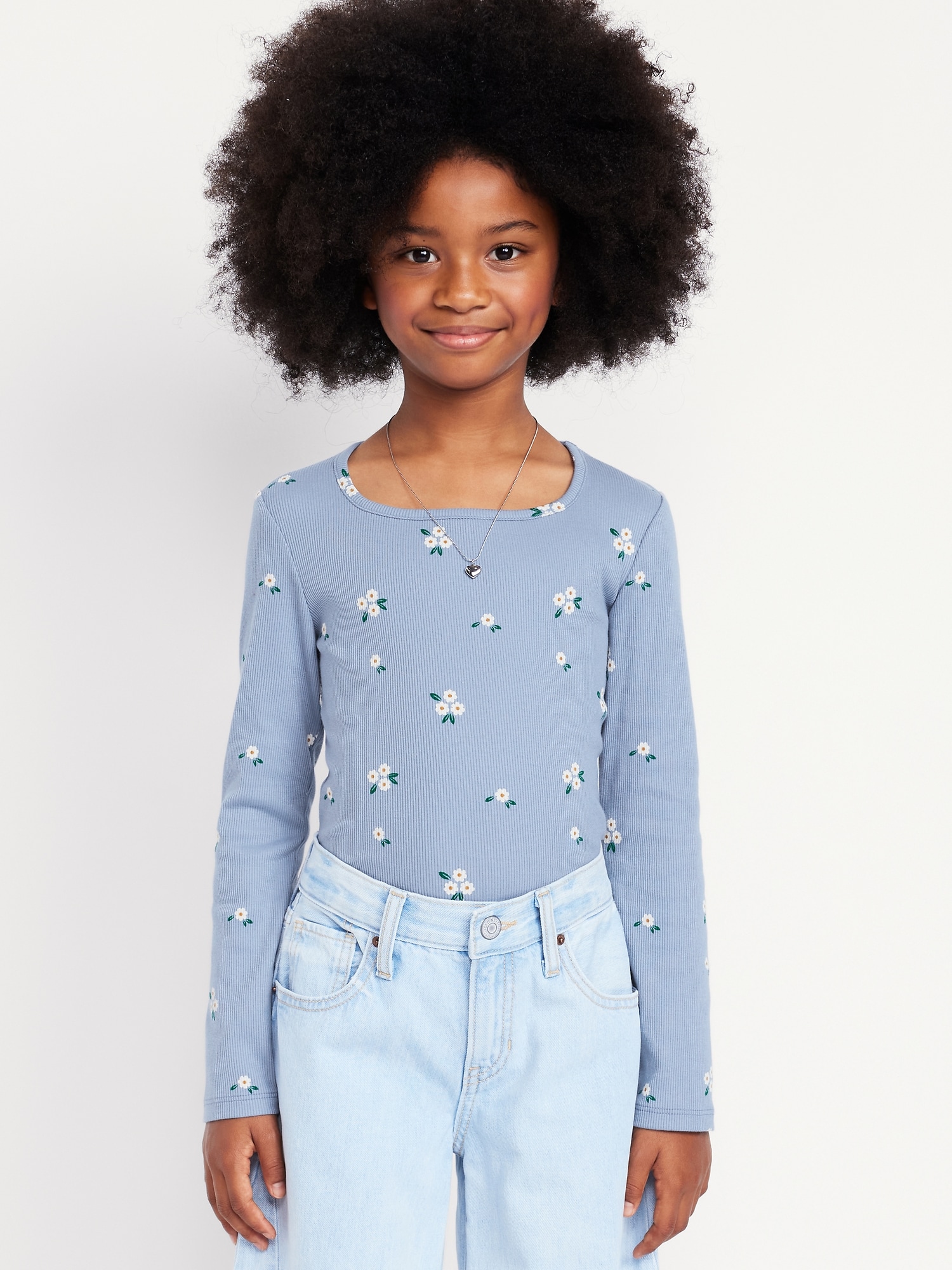 Printed Fitted Long-Sleeve Ribbed Top for Girls