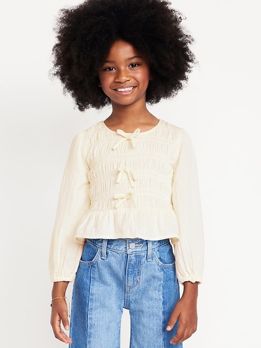 Image number 1 showing, Long-Sleeve Smocked Double-Weave Top for Girls