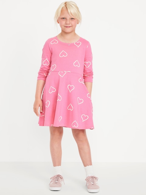 Printed Long-Sleeve Fit and Flare Dress for Girls - Pink Heart