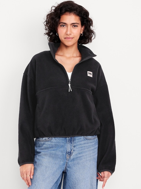 Oversized Performance Microfleece Cropped Half Zip - Black Jack