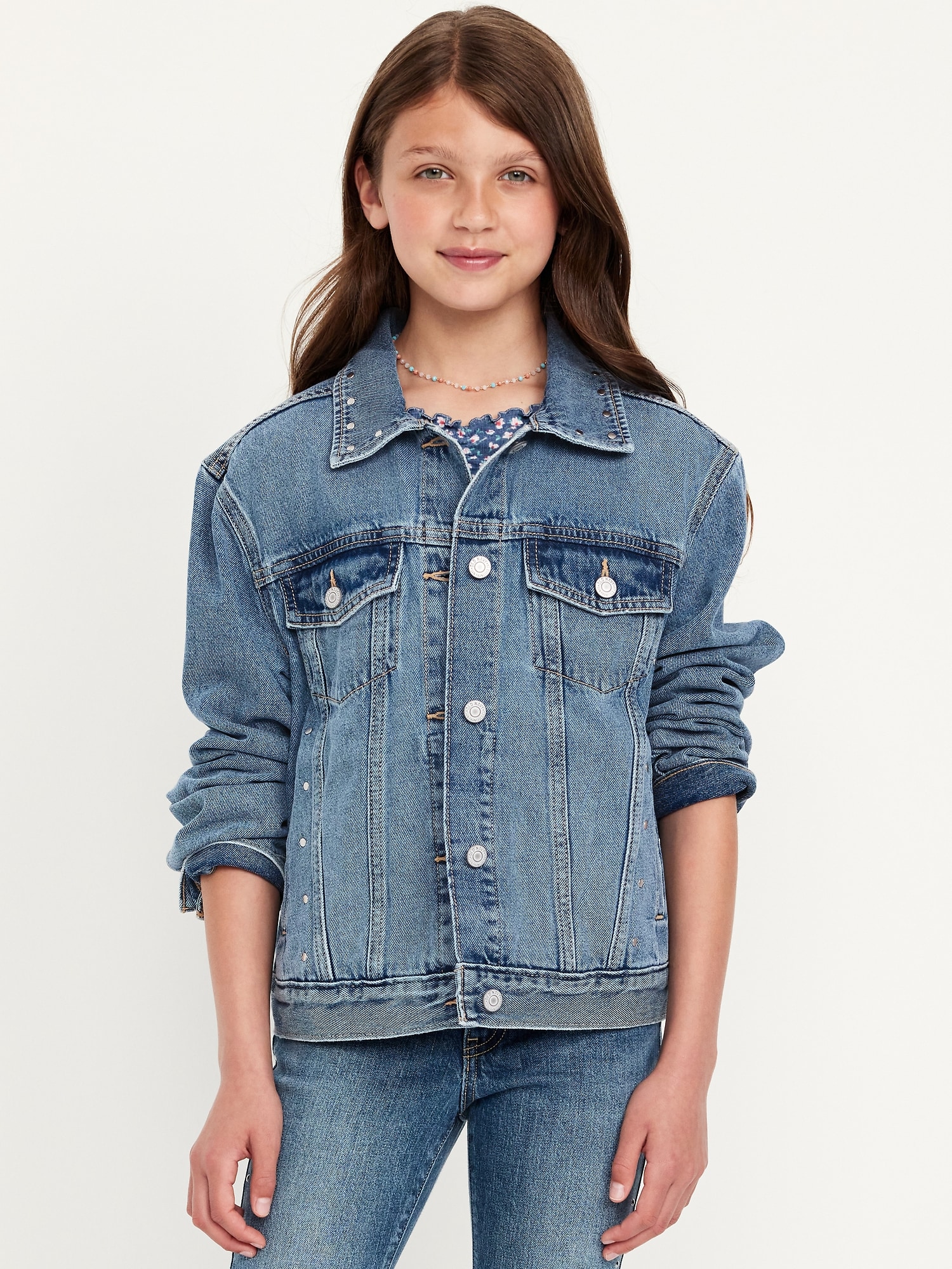 Oversized Studded Jean Trucker Jacket for Girls
