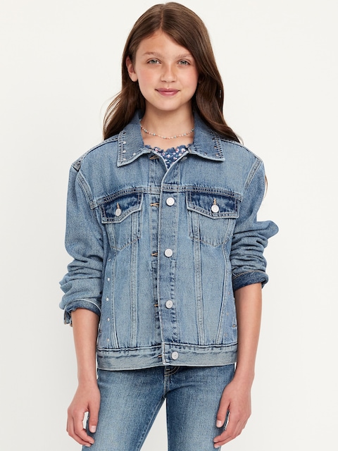 Oversized Studded Jean Trucker Jacket for Girls - Studded Cuff