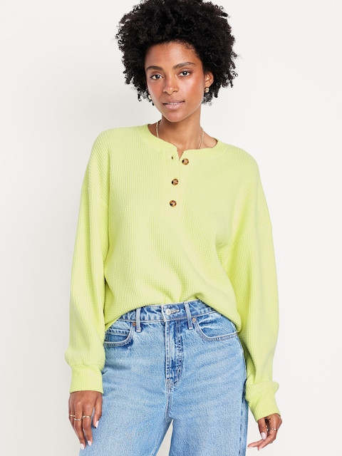 Oversized Cozy Waffle Henley Top - Yellowlime