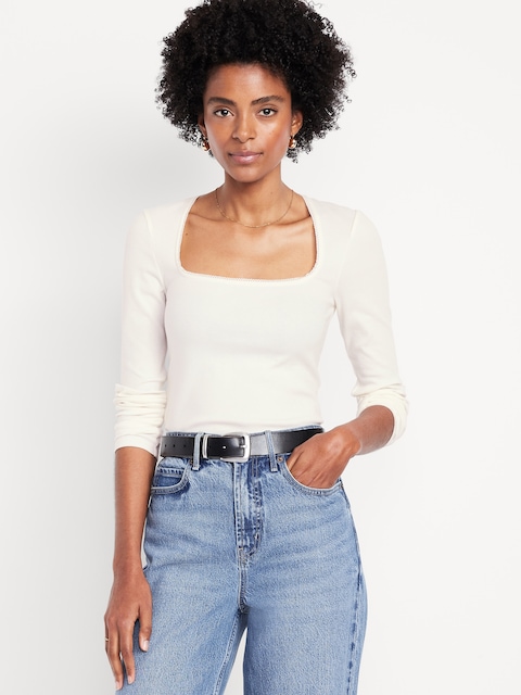 Long-Sleeve Square-Neck Top - Sea Salt