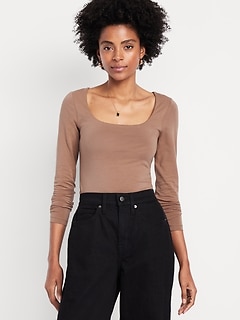 Fitted Double-Layer Scoop-Neck Top