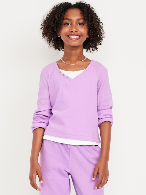 Long-Sleeve 2-In-1 Fitted Henley Top for Girls - Clary Sage