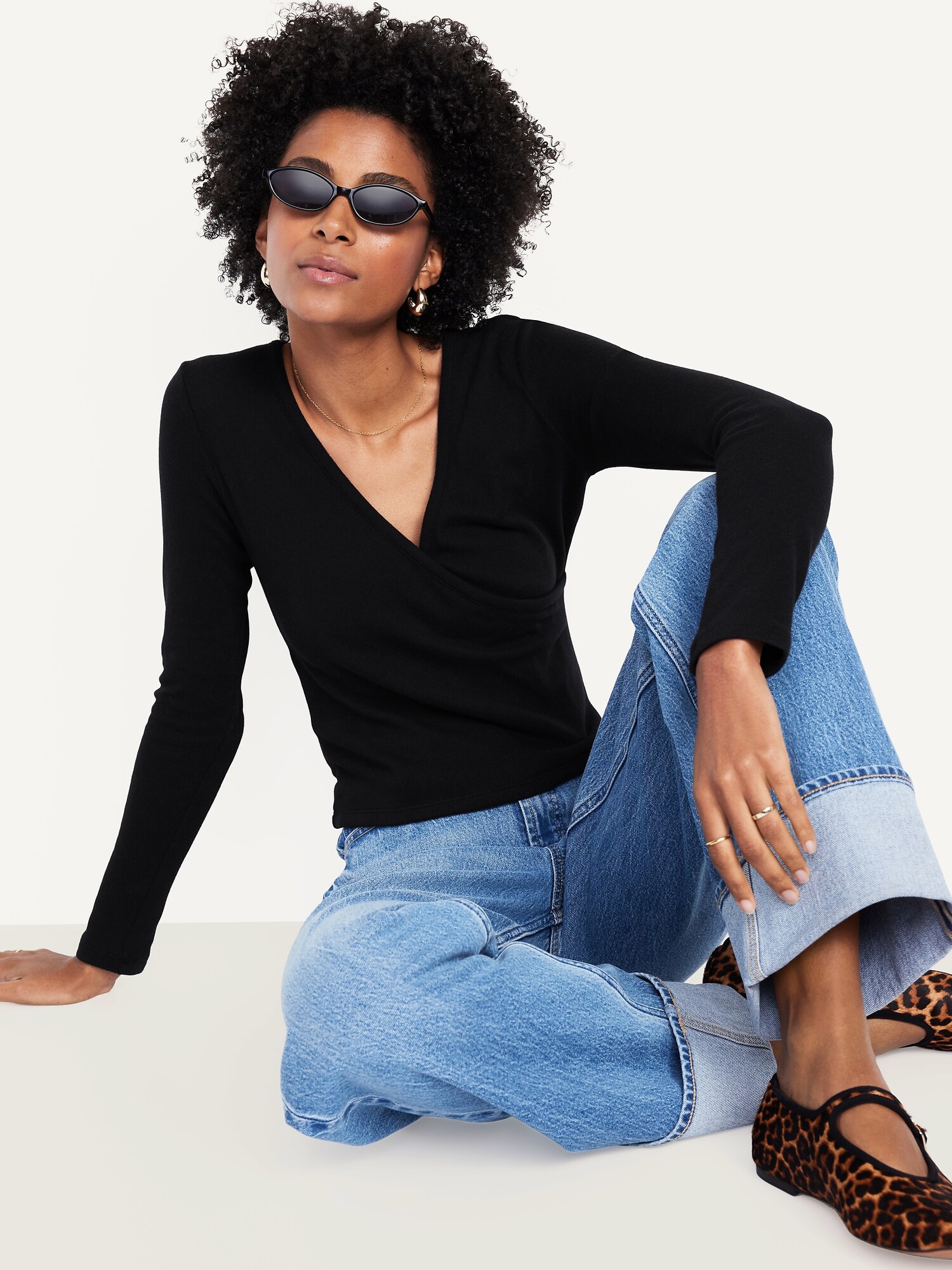 Женский топ Old Navy Long-Sleeve Wrap-Front Top, цвет: Чёрный — фото 3