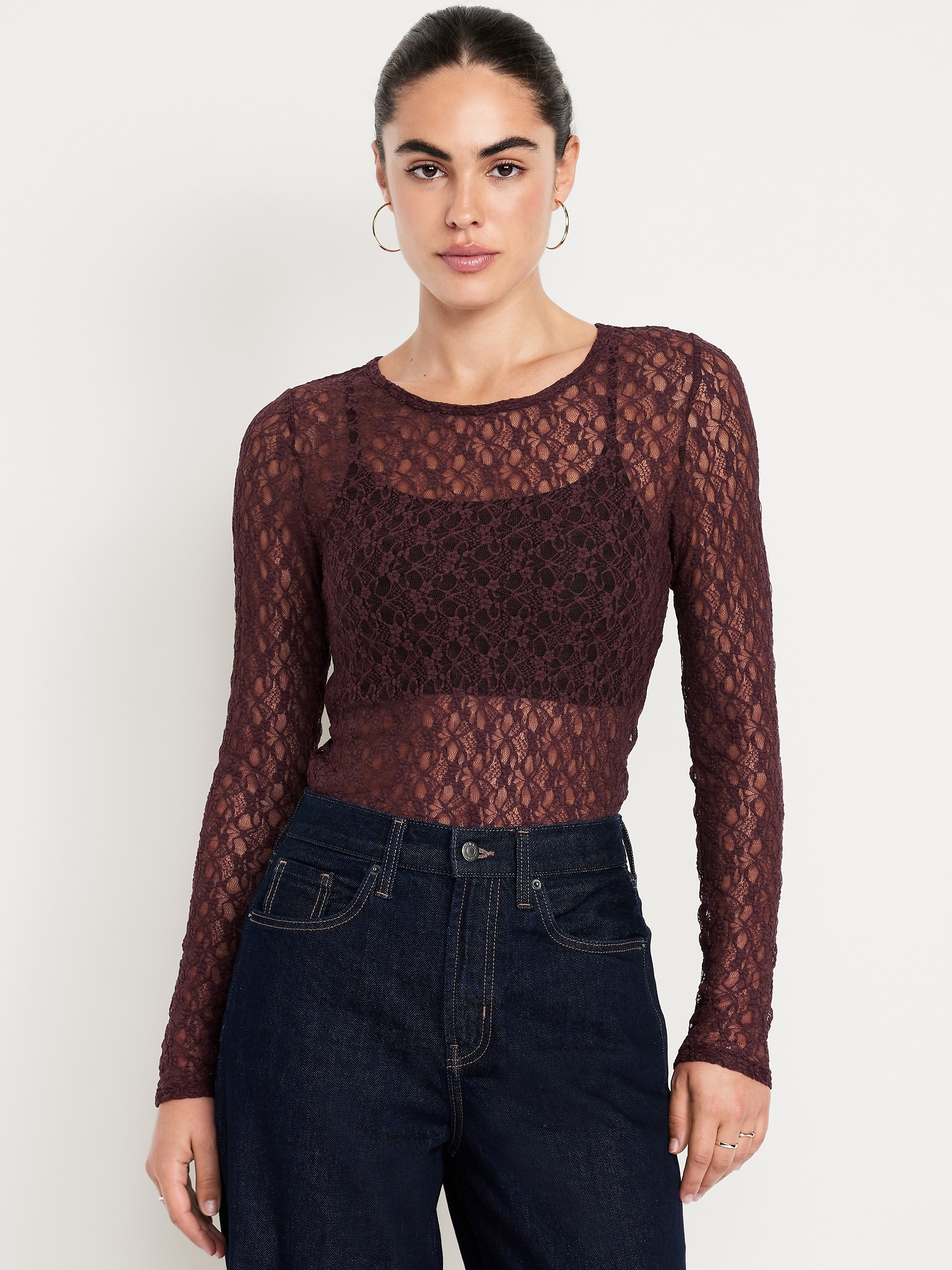 Long-Sleeve Lace Crew-Neck Top | Old Navy