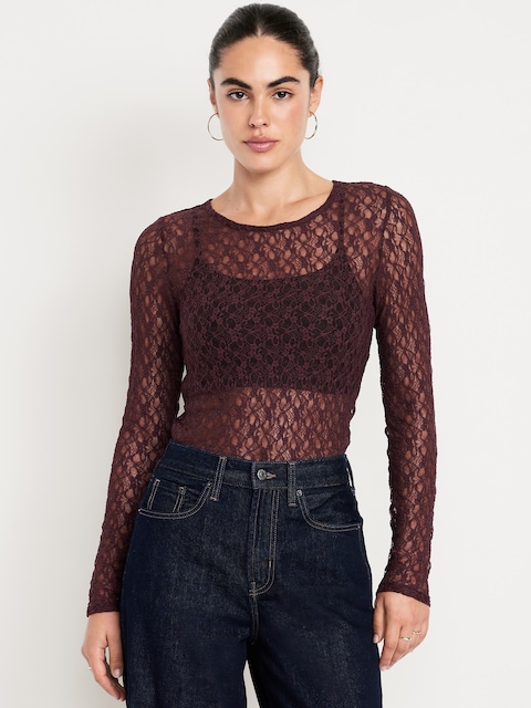 Long-Sleeve Lace Crew-Neck Top - Dark Sepia