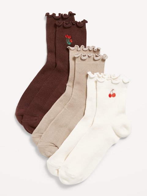 Ruffled Crew Sock 3-Pack for Women - Cherry