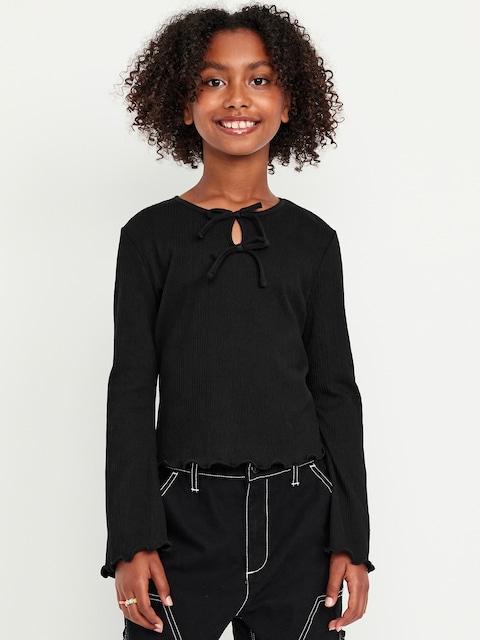 Long-Sleeve Tie-Bow Front Top for Girls - Black Jack
