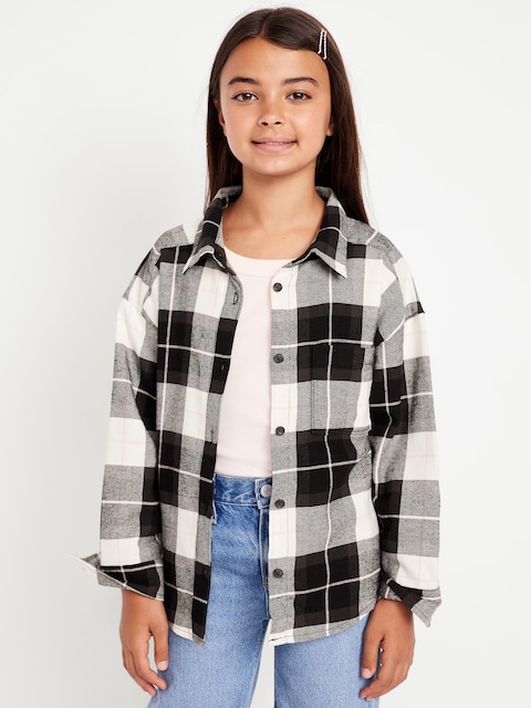 Oversized Long-Sleeve Plaid Flannel Shirt for Girls - Black Plaid
