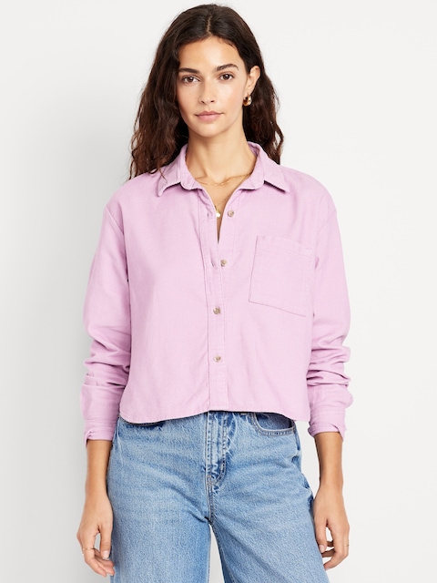 Cropped Button-Down Corduroy Shirt - Dahlia