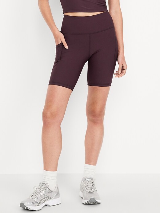 ALLNOWA High Waist Exercise Shorts For Women - 8" Yoga Running Fitness Shorts With Side Pockets, Blue, Medium - View #3