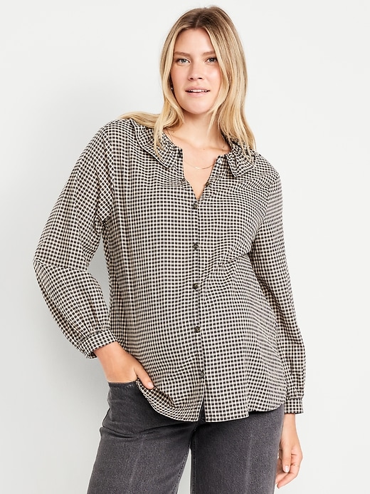 Image number 1 showing, Maternity Long Sleeve Button-Down Ruffle Shirt