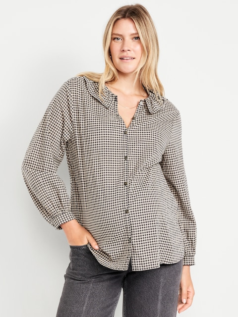 Maternity Long Sleeve Button-Down Ruffle Shirt - Black Check
